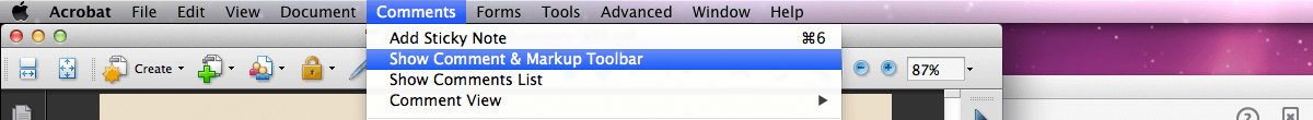 Toolbars from the Comments Drop down menu